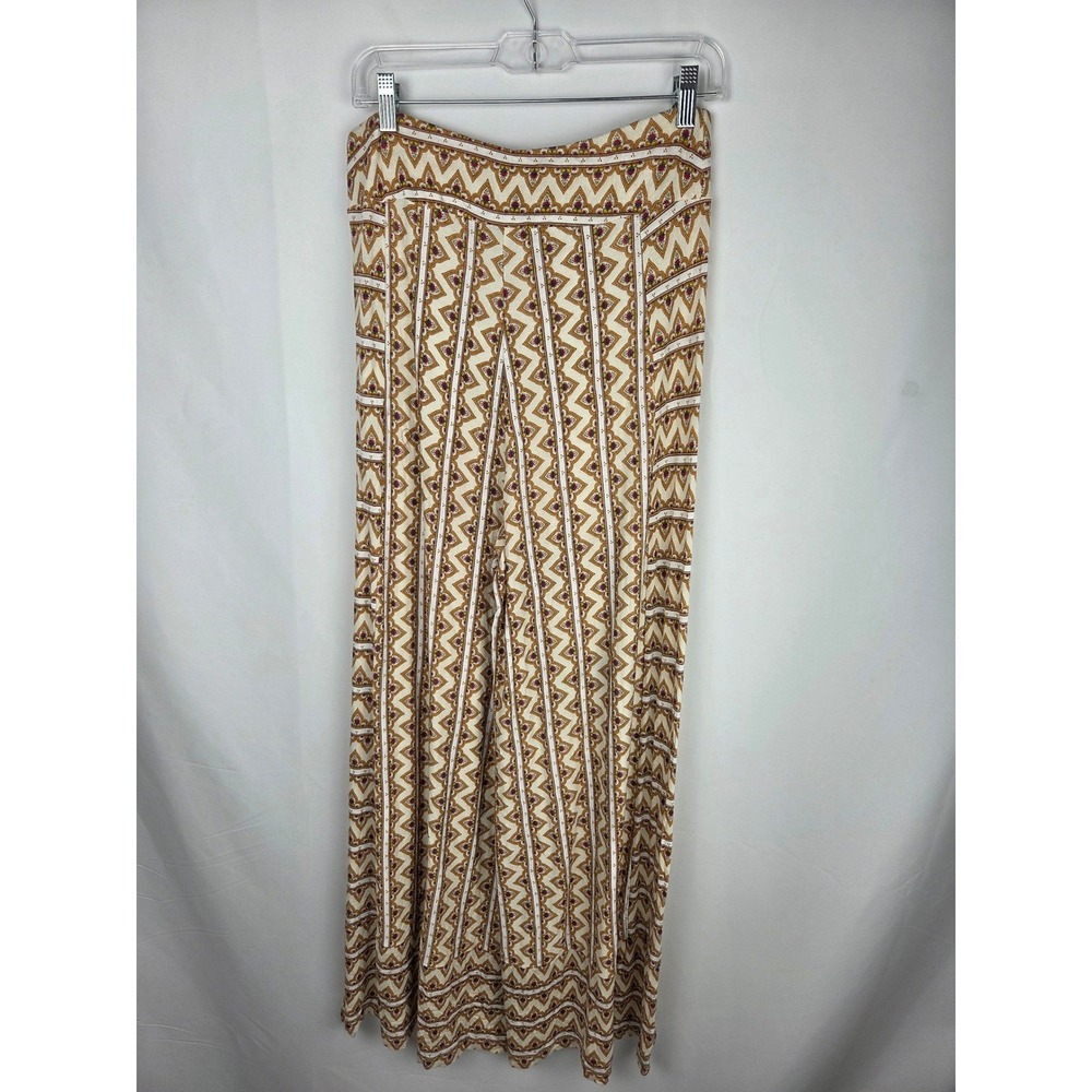 Farm Rio Anthropologie Wide Leg Pants Size M Tan Geometric Knit Pull On Boho - Picture 6 of 14